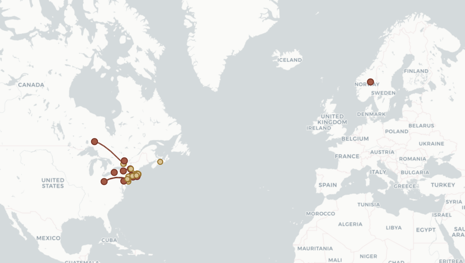 Migration map for Colonial New England: Coastal Massachusetts → Rhode Island & Connecticut → New York, New Jersey, and Canada