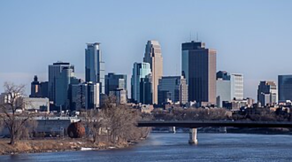 The Minneapolis skyline looking south, with the Mississippi River and downtown
